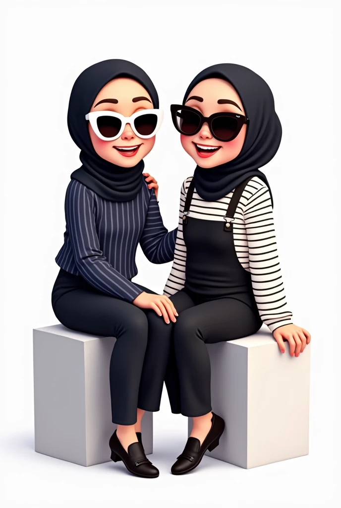 there are two women taking a studio photo. the woman on the left is sitting on a white block stand wearing a black hijab, a navy vertical striped shirt, and black pants with her right leg crossed over her left leg. and wearing white framed sunglasses with black glass in a pose hugging the woman next to her from the side
and the woman on her right is sitting on a white block shorter than the woman on her left, wearing a black hijab, black overall pants and a white shirt with black stripes, wearing sunglasses with a pose showing her teeth
change in cartoon animation