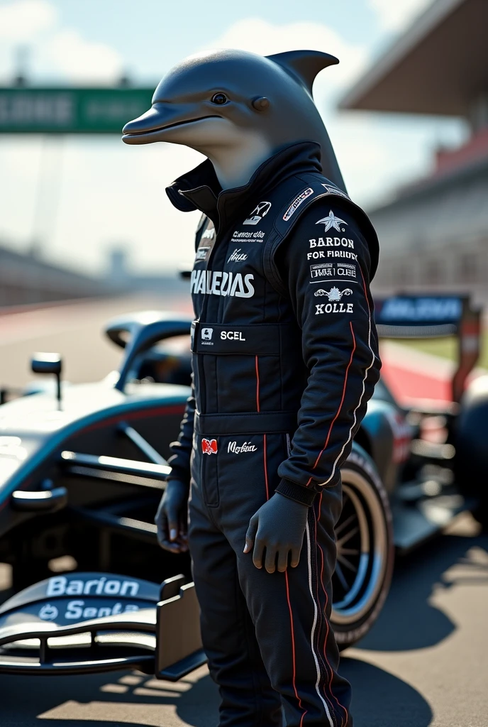 Dolphin as formula one player standing with its car wearing black player costume helmet is in hand