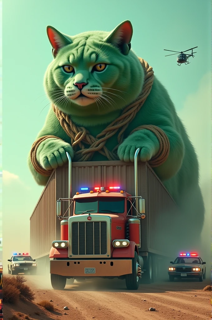 The giant realistic watermelon-colored cat is securely tied with thick ropes on a massive 22-wheeler long truck. The truck is parked on a dusty road, ready to transport the cat, with the ropes tightly wrapped around its body. The cat looks defeated and scared, its once vibrant green fur now slightly duller. The background shows a line of police cars and a helicopter overhead, escorting the truck.