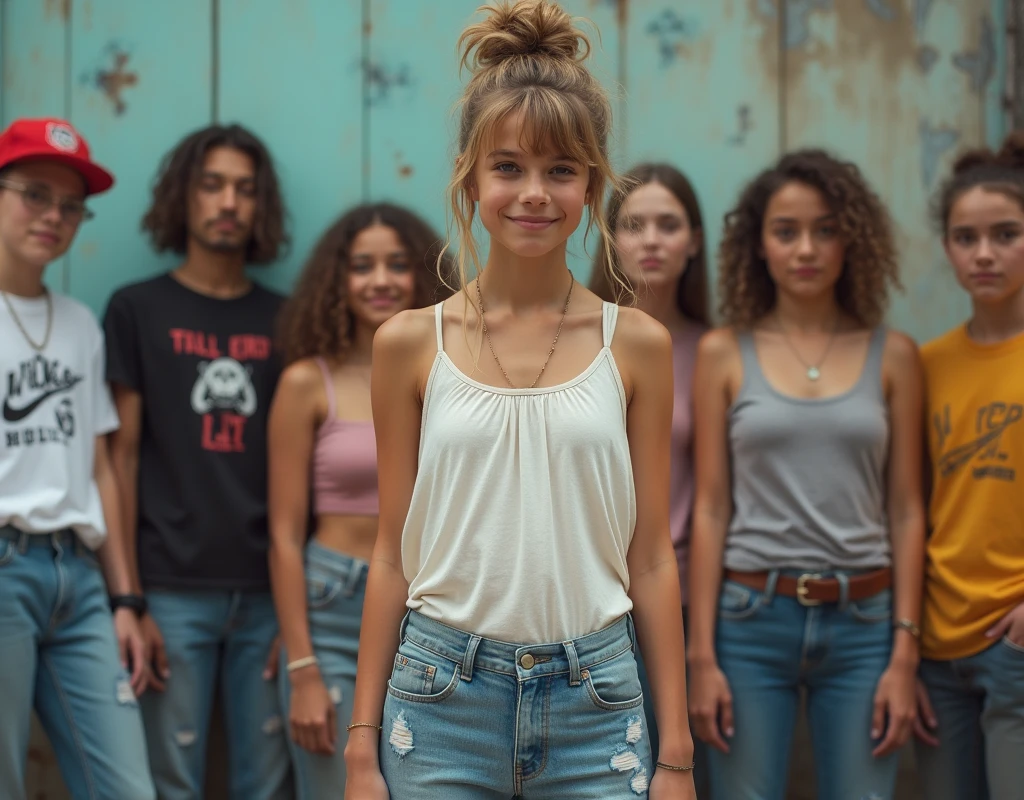 Photo of a teenage girl in skater fashion and her male and female friends. Everyone is wearing a tank top