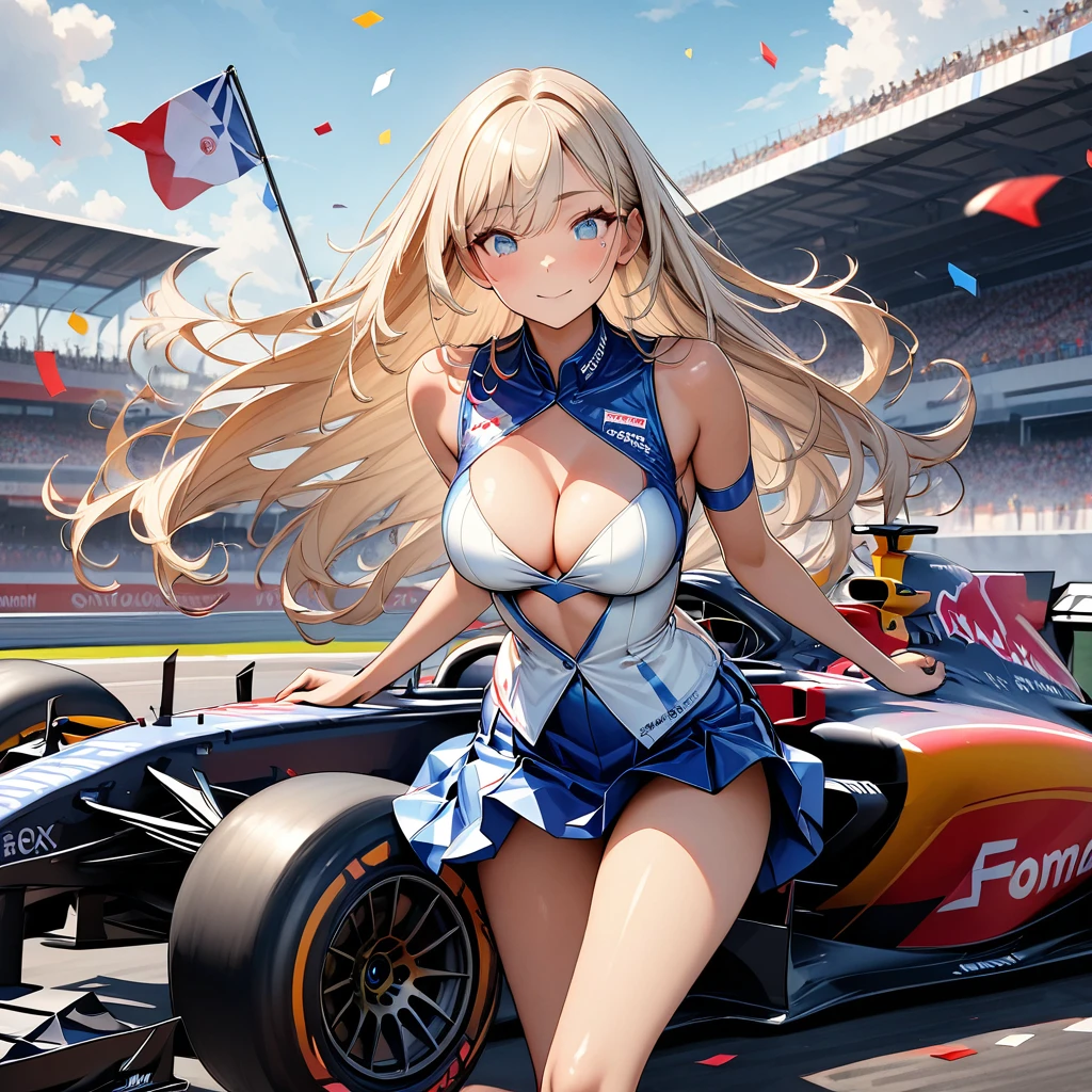 Highest quality, Great quality, 16K, Unbelievably absurd, Very detailed, 2.5D, delicate and dynamic, blue sky, Confetti, Racing Car, flag, Small face, Very delicate facial expressions, Delicate eye depiction, Very fine hair, Upper body close-up, erotic, The only sexy Japanese woman, Healthy body shape, 2. Women, Race Queen, Large, firm, swaying bust, Silvery long hair, Sexy long legs, Glowing Skin, , 派手なRace Queenのコスチューム, Blue tight skirt, White Leather Long Boots, Formula 1, Auto Racing Track