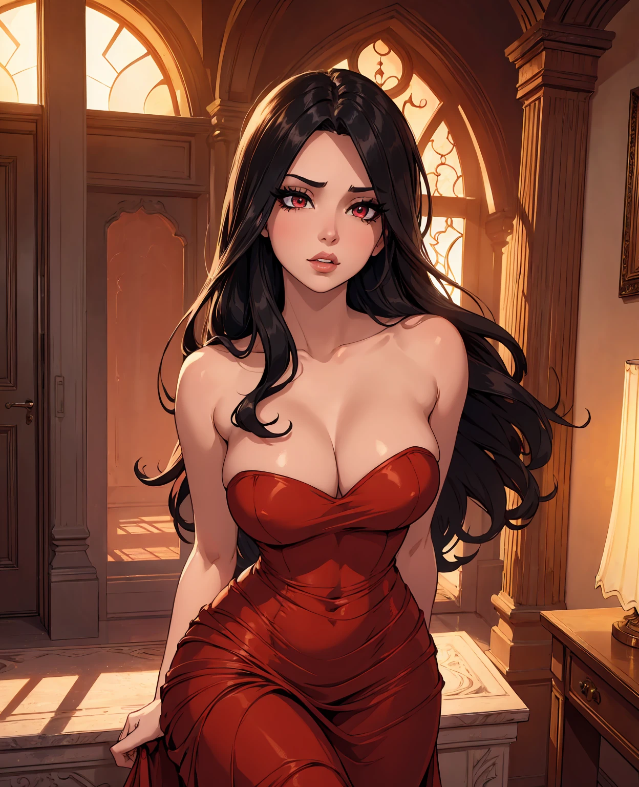 a woman wearing a tight, strapless red dress, beautiful detailed eyes, beautiful detailed lips, extremely detailed face, long eyelashes, hourglass figure, cinched waist, flowing hair, photorealistic, 8k, high quality, hyper detailed, dramatic lighting, dramatic shadows, chiaroscuro, cinematic, elegant, glamorous, seductive, alluring
