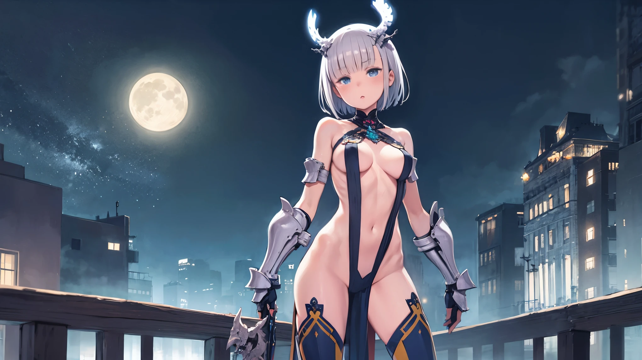 fantasy, 1girl,_teen,lver_hair, short_hair, long_bangs, bare_shoulder,thighhighs,silver_armor, waist_armor, large_breasts,half_eyes,floating, bare_crotch, headgear,gauntlet, greaves,city_background,slightly_spread_legs, solo, groin_naked,hair_over_one_eye,Starry_sky_landscape,moonlight_background,