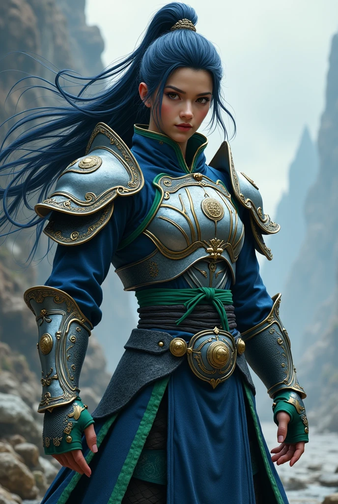 A warrior, with blue-black hair, eyes browns, martial arts master in blue outfit with green details and silver armor