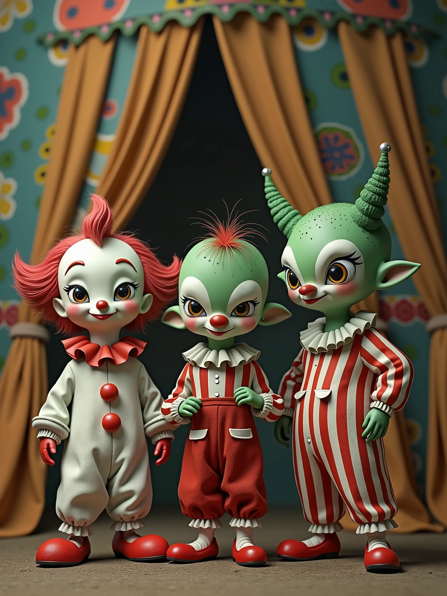 A photo of strange creatures, a mix of vintage clowns and Draags in the style of Rene Laloux. The vintage clowns have red and white striped suits, red noses, and white makeup on their faces. The Draags have green skin, large eyes, and wear white robes. They are standing in a circus tent with colorful patterns on the walls.