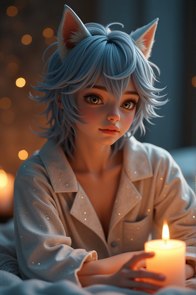 Middle school boy wolf motif straight hair long hair wolf cut blue-silver hair beautiful golden slanted eyes elegant pajamas shining in candlelight