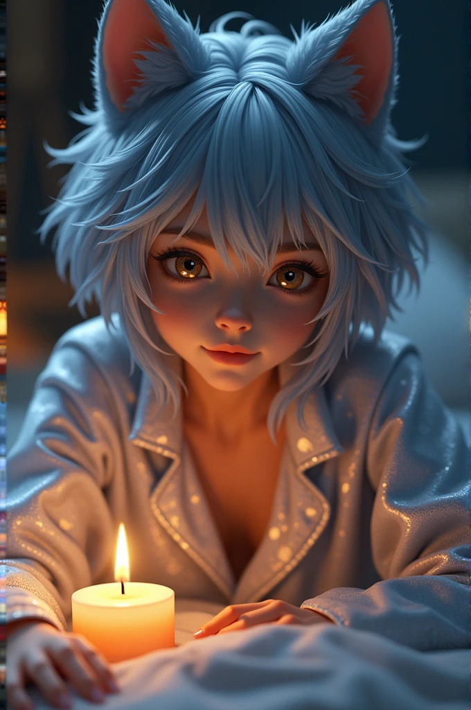 Middle school boy wolf motif straight hair long hair wolf cut blue-silver hair beautiful golden slanted eyes elegant pajamas shining in candlelight