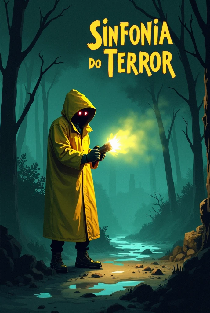 A dark scene inspired by the cover style of old cartoons, with a mysterious character in a yellow raincoat holding a battery-powered flashlight. The flashlight light is aimed and illuminates and reveals the name "Sinfonia do Terror" in bright, scary letters. The surrounding scenery is full of fog, shadows and an atmosphere of mystery. The color palette is predominantly dark, com tons de verde, roxo e preto, creating an atmosphere of suspense and terror.