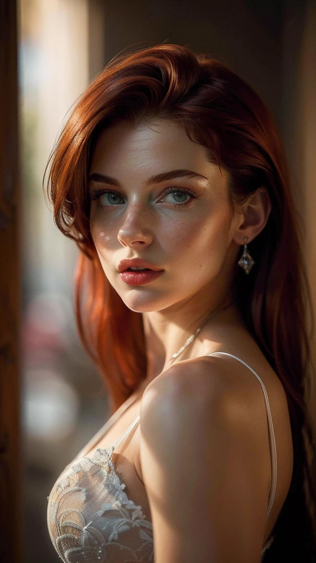 ((masterpiece, high quality, High resolution:1.4), (standing:1.2), (Whole body), wine red hair, eyes the color of honey, elegant clothes, very detailed skin, skin pores, (Very detailed face:1.2), (very detailed eyes:1.2), realist pupils:1.2, full face blush, full lips, (perfect anatomy:1.1), (perfect proportions:1.1), (Photography:1.1), (photorealist:1.1), volumetric lighting, dynamic lighting, real shadows, (High resolution:1.1), sharp focus, (realist, hyperrealist:1.4), Intricate, High detail, dramatic, subsurface dispersion, great depth of field, vivid, pulido, sharp, ((completamente sharp)), (extremely absurd),16k hdr, 2, elegant bearing, Stupefying beauty, serious and mature face, White dress