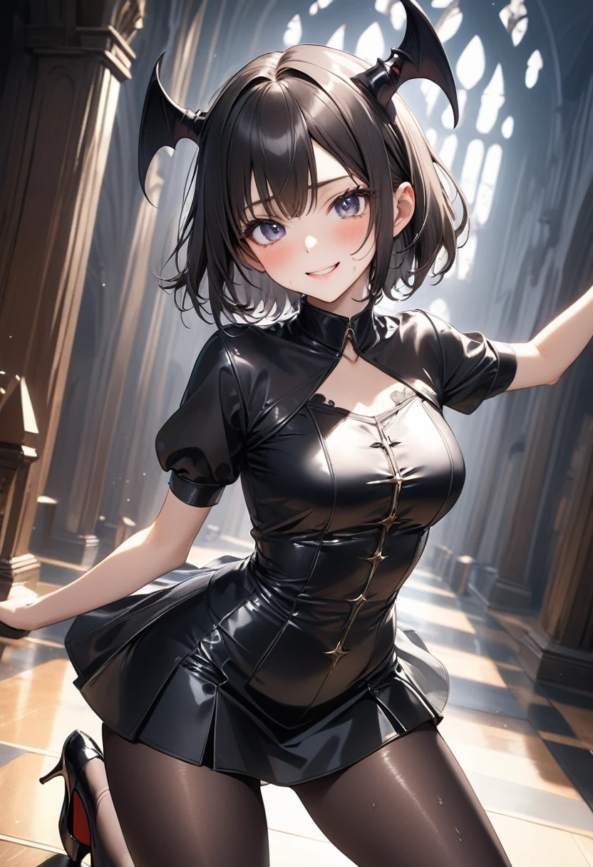 grim reaper, (Evil smile), (((Cult Costume, Leather panties, skirt, Pantyhose, Stiletto heels))), ((Shiny Costumes)), ((skindentation)), skinny, solo, 1 woman, Masterpiece, highest quality, highest quality, 16K, incredibly absurd, highly detailed, 2.5D, ai-generated, delicate and dynamic, very delicate facial expressions, delicate eye depiction, erotic, only sexy woman, ((A cute and kind face)), healthy figure, ((1 woman)), 160cm tall, medium firm swaying bust, Dark Hair, blush, Sweat,Embarrassed,sexy, ((thin thighs)), shiny and lustrous, facing straight at viewer, (((in heat))), ((Oily_skin)), ((Lots of sweat)), ((dutch angle)), ((erotic pose)), (((Dynamic Pose))), ((Transparent and sparkling costume)), ((Demon World's Great Hall)),