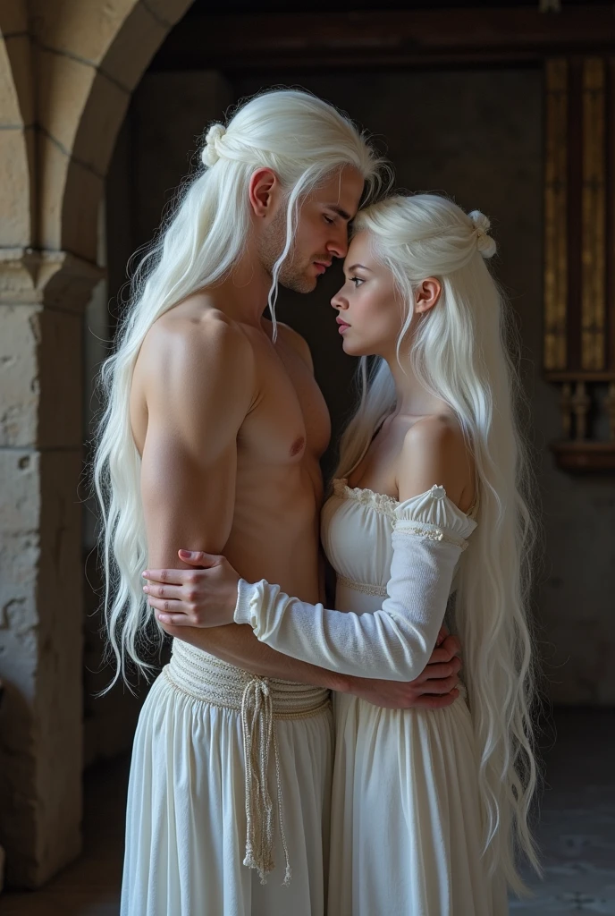 Make a young girl with long white hair, pale white skin, purple eyes, the curvature of your body is very attractive
Next to her is a man, tall, strong, big white-haired, purple-eyed, the man is extremely handsome and attractive
she is very short compared to him
The two are in a medieval era room while having sex, she is naked, he is also naked, his huge big dick is entering her vagina