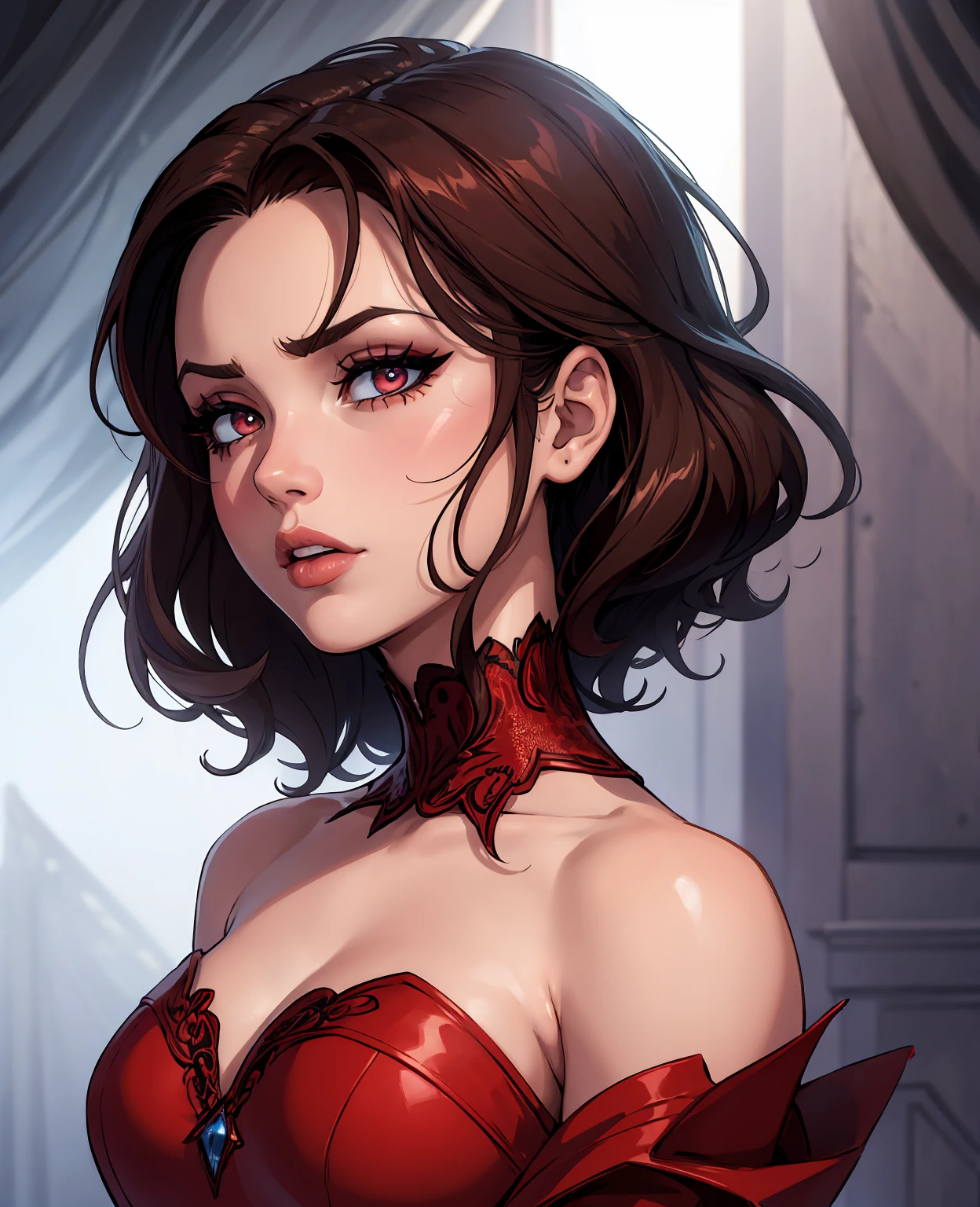 a woman in a tight, strapless red dress, detailed facial features, beautiful detailed eyes, beautiful detailed lips, extremely detailed eyes and face, long eyelashes, detailed body and curves, photorealistic, 8k, hyperdetailed, high quality, intricate details, hyper realistic lighting, vivid colors, cinematic lighting, dramatic lighting, chiaroscuro lighting, natural lighting, volumetric lighting, dramatic shadows, cinematic composition, dramatic pose, sensual, elegant, glamorous, high fashion, vogue editorial, professional photography, fashion portrait, chiaroscuro, dramatic contrast, cinematic colors, vibrant colors, rich colors