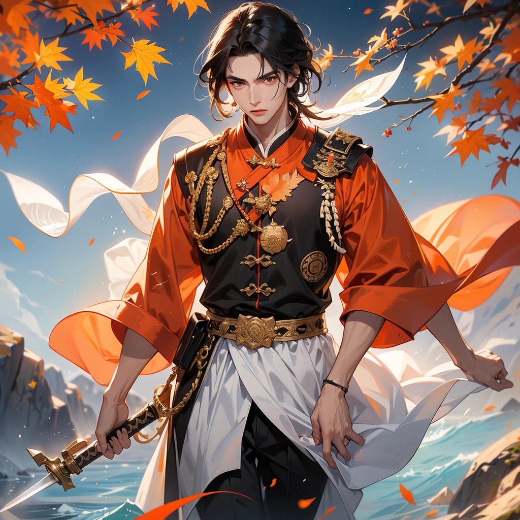 Handsome black-haired male general holding a large sword in white ancient Chinese general costume, walking In the middle of a spring mountain ,the backdrop is a mountain that turns orange-red in spring, and maple leaves fall from the trees. The sun shines and the sun rises, close up.