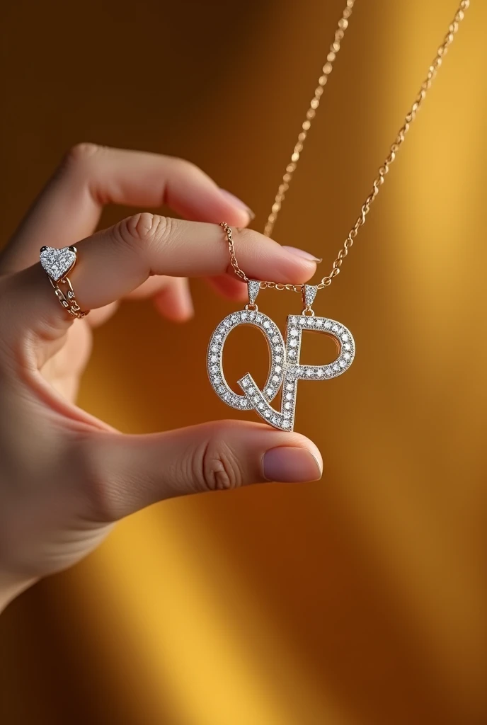 write letter q and p on necklace by diamond holding by girl hand golden and only show girl hand with a heart bigger make a luxury one