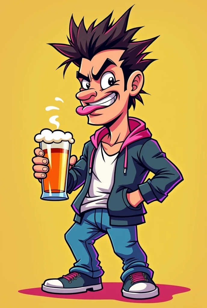 A full-body cartoon-style image of a man with a mischievous and edgy expression. He is holding a beer glass with bright, bold, and vibrant colors, in a confident and assertive pose. The man has spiky hair, sharp features, and is sticking out his tongue playfully with a smirk on his face, giving off a rebellious, cool, and cheeky vibe. His eyes are half-lidded, giving him a relaxed, slightly teasing look. He is now dressed in a different, stylish casual outfit. The background is removed, leaving the man on a plain, solid-colored background with eye-catching, neon-like colors. The scene is fun, lively, and has a bold, energetic vibe.