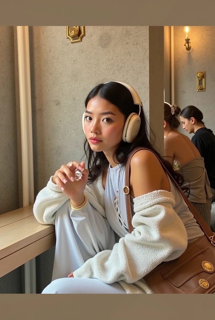 /generate: a young woman with short, wavy dark hair, clear, slightly tanned skin, defined eyebrows, almond-shaped medium-sized eyes, and full, well-defined lips. She is wearing a light blue top with a crisscross detail in front. The setting should be neutral with soft lighting.
