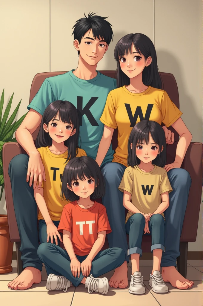 The father sits on a chair wearing a K letter shirt. The mother sits on a chair next to the father wearing a W letter shirt. The first daughter sits on the floor wearing a TM letter shirt. The second daughter sits on the floor in front of the father wearing a TT letter shirt. The third daughter sits on the floor in front of the mother wearing a W letter shirt.