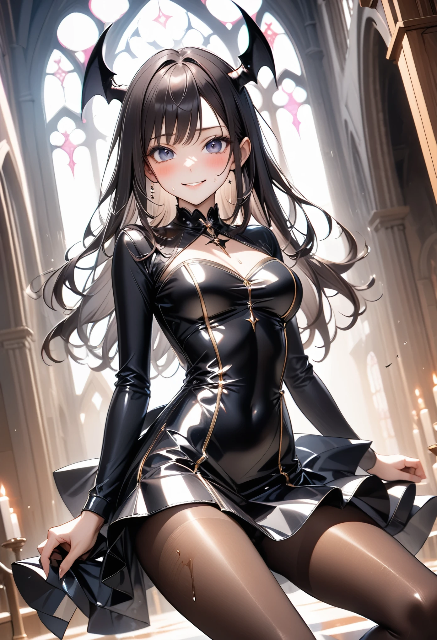 grim reaper, (Evil smile), (((Cult Costume, Leather panties, skirt, Pantyhose, Stiletto heels))), ((Shiny Costumes)), ((skindentation)), skinny, solo, 1 woman, Masterpiece, highest quality, highest quality, 16K, incredibly absurd, highly detailed, 2.5D, ai-generated, delicate and dynamic, very delicate facial expressions, delicate eye depiction, erotic, only sexy woman, ((A cute and kind face)), healthy figure, ((1 woman)), 160cm tall, medium firm swaying bust, Dark Hair, blush, Sweat,Embarrassed,sexy, ((thin thighs)), shiny and lustrous, facing straight at viewer, (((in heat))), ((Oily_skin)), ((Lots of sweat)), ((dutch angle)), ((erotic pose)), (((Dynamic Pose))), ((Transparent and sparkling costume)), ((Demon World's Great Hall)),