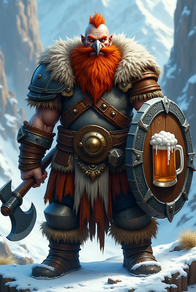 masterpiece, detailed, realistic full body shot
dwarf, warrior and leader
, Wild Red Hair and Beard
Blue eyes
Large, hawk-like nose, broken several times; large scar from forehead to jaw
Mighty axe in one hand and sturdy shield with an relief of a foaming beer mug in the other hand
Armor: Helmet, Breastplate, Bracers, Greaves,
Rough and stubborn, in a snowy mountain ,sharp background