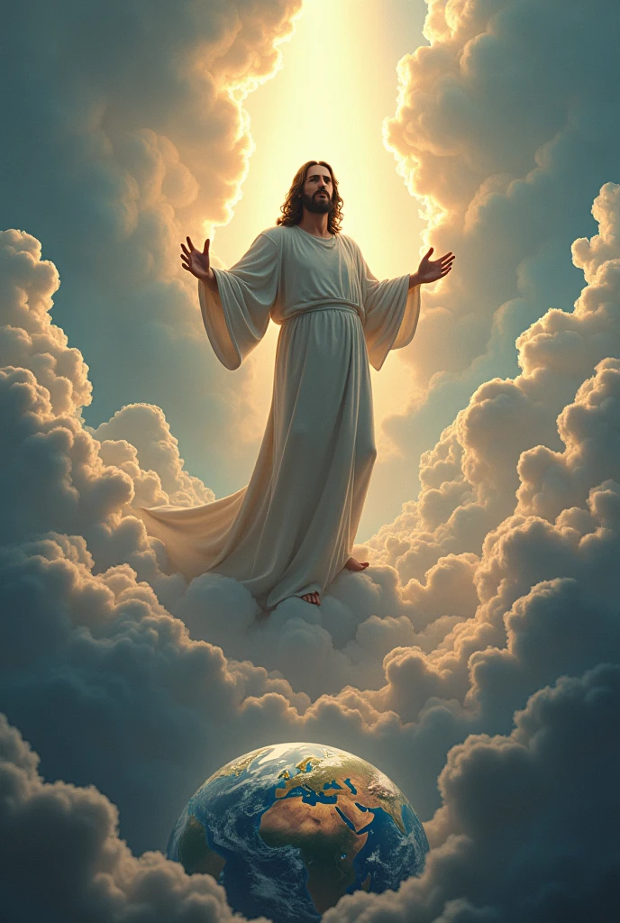 jesus in the clouds looking at earth in the midst of chaos pixar 3d drawing style