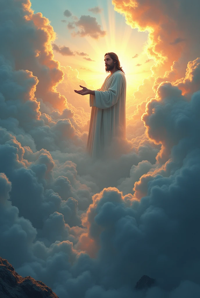 jesus in the clouds looking at earth in the midst of chaos pixar 3d drawing style