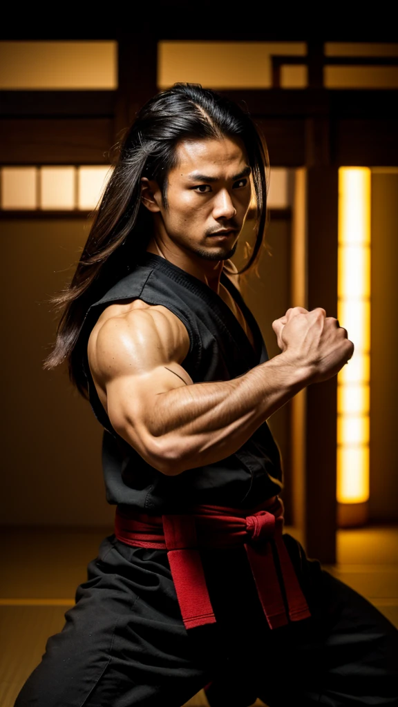 Samurai fighting with two swords, Stretch your arms, Realist:1.3,( fPhoto, Realist, 8k, RAW Photos, Premium Quality, masterpiece, Great lighting, Centered Images), (Samurai), (Dynamic Movement, Dynamic fighting,), (2 katana), whole body, (Handsome Japanese young man, have confidence、Trained muscles., Wildman and his body with perfect details), cyber punk, Disheveled brown long hair, Warrior, Tokyo, Shibuya Ward,