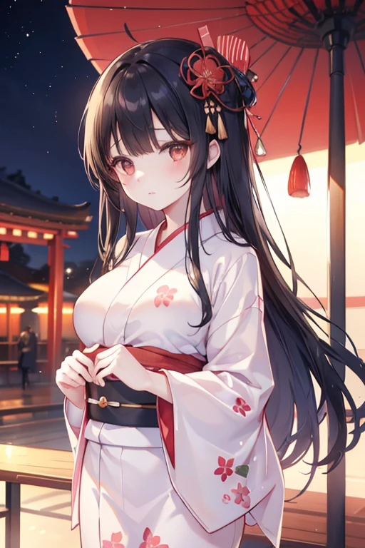 Beautiful woman、(wearing beautiful Yukata)、Medium breasts、Black hair cuticle、Long hair、Long bangs、Beautiful brown eyes、Natural lip color、Spoiled、Shy、Makes the face bright red、Summer festival、evening ,crowd