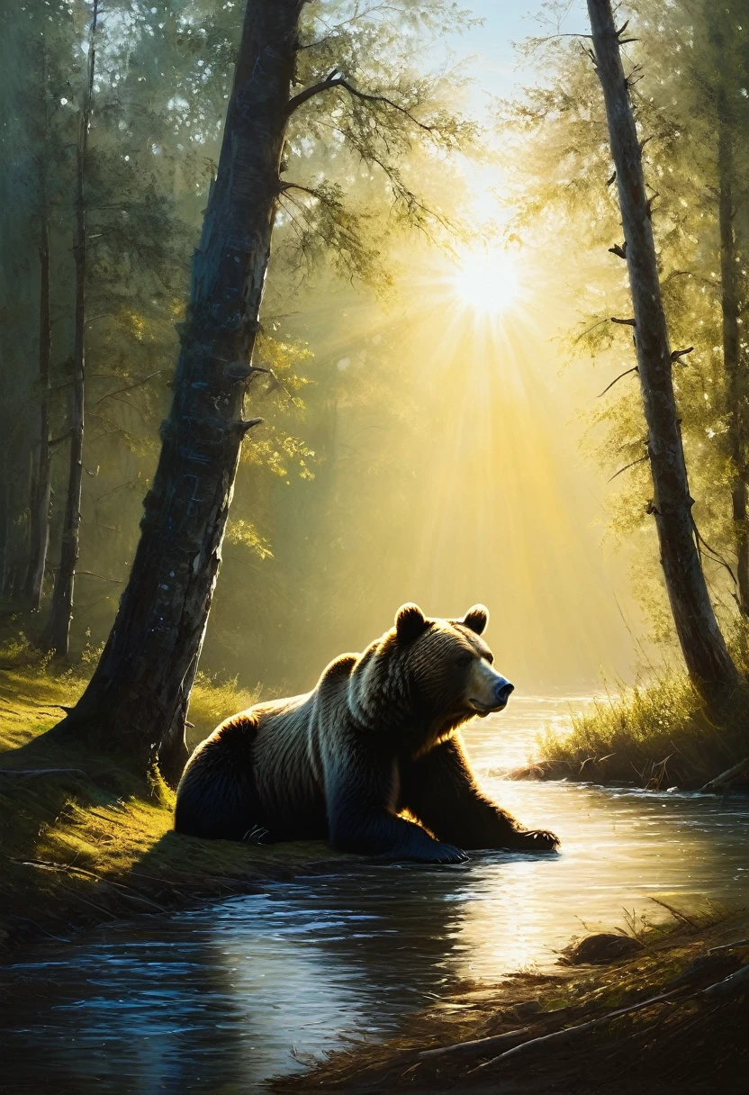 painting of a bear lies in a clearing by the river in the rays of the sun, cinematic scene, volumetric lights, ultra realistic, in the style of nicola samori