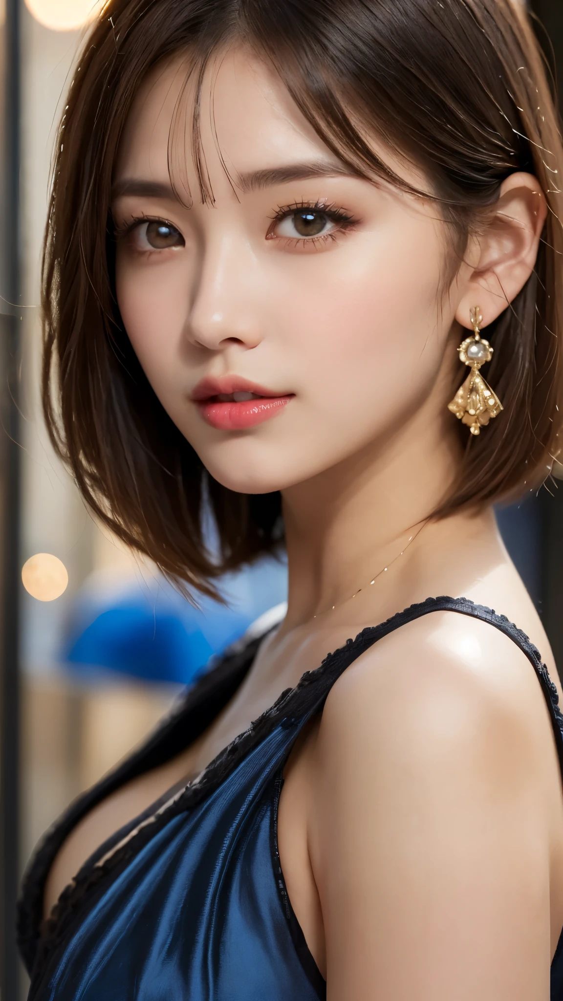 (Photorealistic, 32k, RAW photo, best quality:1.4), (masterpiece:1.3), (ultra high resolution, ultra realistic, highly detailed, golden ratio, ultra detailed), 1 beautiful woman, natural makeup, intricate cloth texture, finely detailed hair texture, beautiful full-body, perfect female form, anatomically accurate, highly detailed face and skin, (elegant hands), (realistic skin), (beautiful pale skin:1.1), (extreme close-up:2.0), (Oversized Breasts), (Wearing Blue Party Dress:1.5), (Earrings, Pendant),
BREAK,
realistic eyes, captivating detailed eyes, symmetric eyes, light brown eyes, double eyelids, thin eyebrows, (glossy lips:1.4), (kissable expression, blush:1.3),
BREAK,
((short bob cut, dark brown hair, bangs:1.2)), (Moonlit night, terrace:1.3)