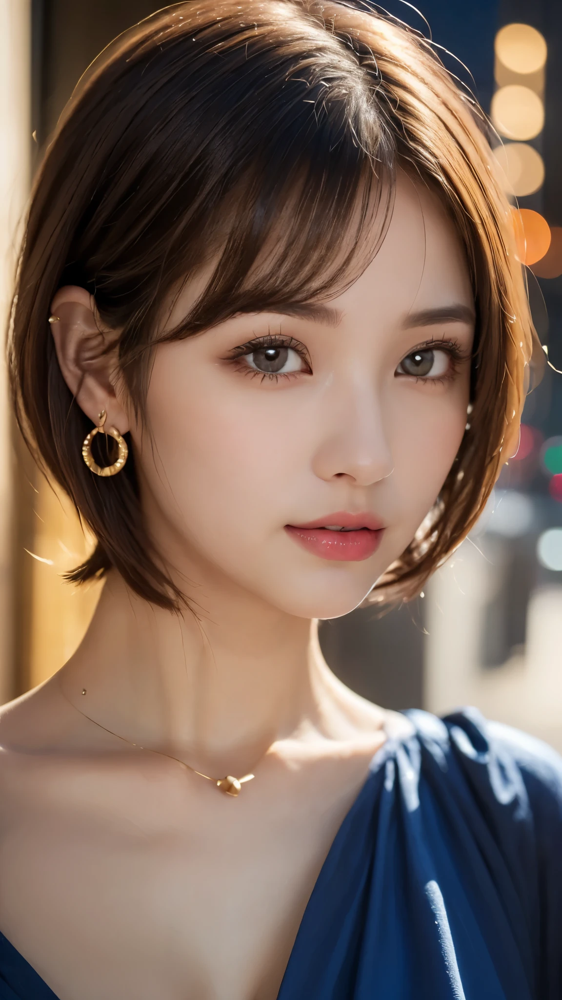 (Photorealistic, 32k, RAW photo, best quality:1.4), (masterpiece:1.3), (ultra high resolution, ultra realistic, highly detailed, golden ratio, ultra detailed), 1 beautiful woman, natural makeup, intricate cloth texture, finely detailed hair texture, beautiful full-body, perfect female form, anatomically accurate, highly detailed face and skin, (elegant hands), (realistic skin), (beautiful pale skin:1.1), (extreme close-up:2.0), (Oversized Breasts), (Wearing Blue Party Dress:1.5), (Earrings, Pendant),
BREAK,
realistic eyes, captivating detailed eyes, symmetric eyes, light brown eyes, double eyelids, thin eyebrows, (glossy lips:1.4), (kissable expression, blush:1.3),
BREAK,
((short bob cut, dark brown hair, bangs:1.2)), (Moonlit night, terrace:1.3)