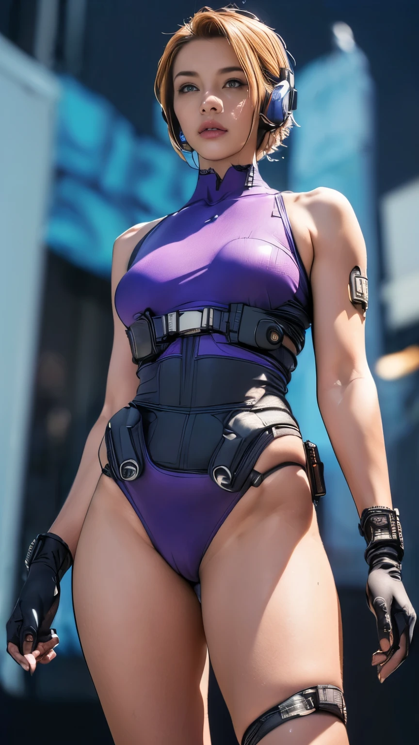 (A woman),(((A female member of the Future Force stands))),((puple tactical high leg bodysuit:1.5)),((earphone:1.5)),((Tactical Holster:1.5)),(Gloves:1.5),(Serious:1.5),(Super short hair:1.5),(beautiful eyes:1.3),(Very detailedな顔:1.5),((Very detailed drawing of a female hand:1.5)),(((muscular:1.5))),((y appearance:1.5)),((Thick thighs:1.5)),(Beautiful Body:1.5),((Very sensual:1.5)),(The backdrop is a futuristic city:1.5),(Cyberpunk atmosphere:1.5),(((Blurred Background:1.5))),(Written border depth:1.5),rest(((masterpiece:1.5),(best quality:1.5),(Very detailed:1.5),(high resolution:1.5),(Practical:1.5),(Practical:1.5),(Delicate depiction),(Carefully drawn))),8k,wallpaper, (((cam))),(from below:1.2)