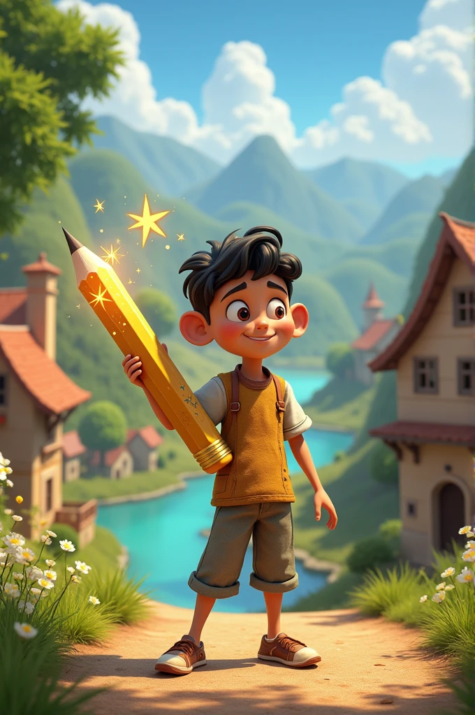 Ali loved drawing but had only an old pencil. One day, he found a shiny golden pencil on his way home. When he drew a tree, it magically appeared in real life! Excited, Ali used the pencil to help his village. 3d animation Disney inspired