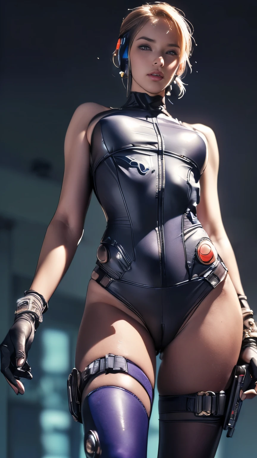 (A woman),(((A female member of the Future Force stands))),((puple tactical high leg bodysuit:1.5)),((earphone:1.5)),((Tactical Holster:1.5)),(Gloves:1.5),(Serious:1.5),(Super short hair:1.5),(beautiful eyes:1.3),(Very detailedな顔:1.5),((Very detailed drawing of a female hand:1.5)),(((muscular:1.5))),((y appearance:1.5)),((Thick thighs:1.5)),(Beautiful Body:1.5),((Very sensual:1.5)),(The backdrop is a futuristic city:1.5),(Cyberpunk atmosphere:1.5),(((Blurred Background:1.5))),(Written border depth:1.5),rest(((masterpiece:1.5),(best quality:1.5),(Very detailed:1.5),(high resolution:1.5),(Practical:1.5),(Practical:1.5),(Delicate depiction),(Carefully drawn))),8k,wallpaper, (((cam))),(from below:1.2)