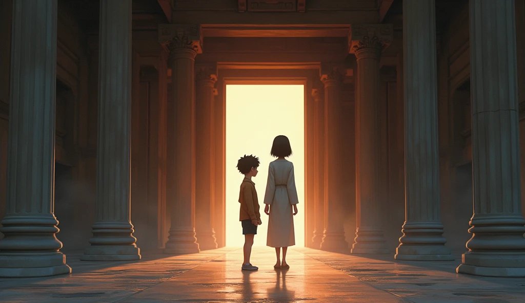 Boy nods, respecting her decision, and they walk away from the temple, leaving their past behind.