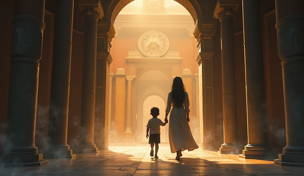 Boy nods, respecting her decision, and they walk away from the temple, leaving their past behind.