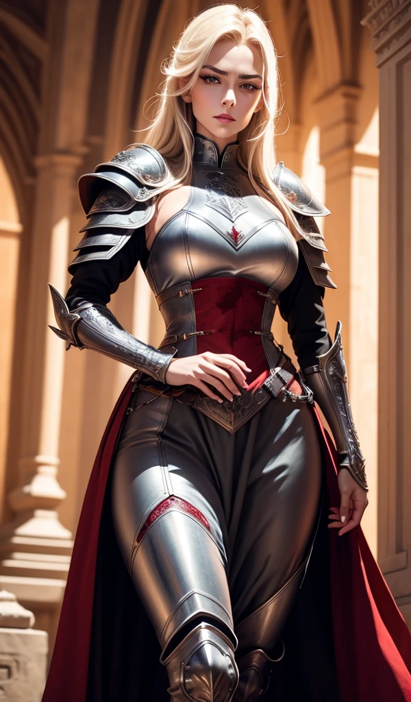 Masterpiece, a high resolution, absolutely beautiful, a mature woman, fine detailed eyes and detailed face, tall and tall, she wears metal armor, full coverage armor, armor pants, armor boots, armor appearance, shogun, appearance: (high: 1.4), arrogant and mature temperament, ruby eyes, blood red lipstick on the lips, majesty, rich details, is standing, action, medieval castle