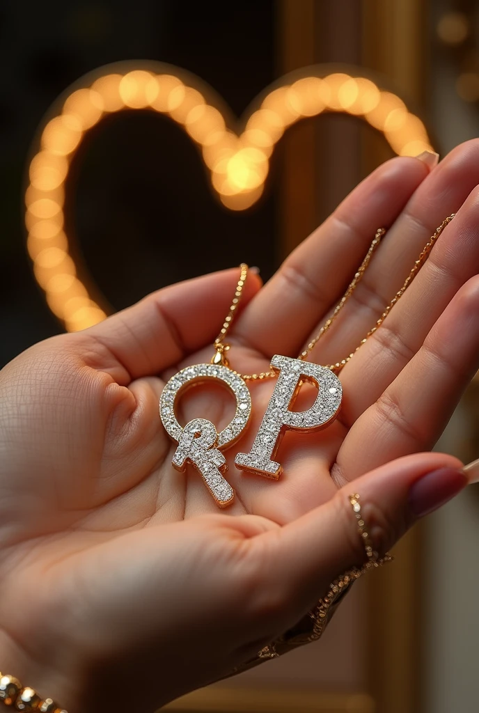 write letter q and p on necklace by diamond holding by girl hand golden and only show girl hand with a heart bigger make a luxury one more beautiful