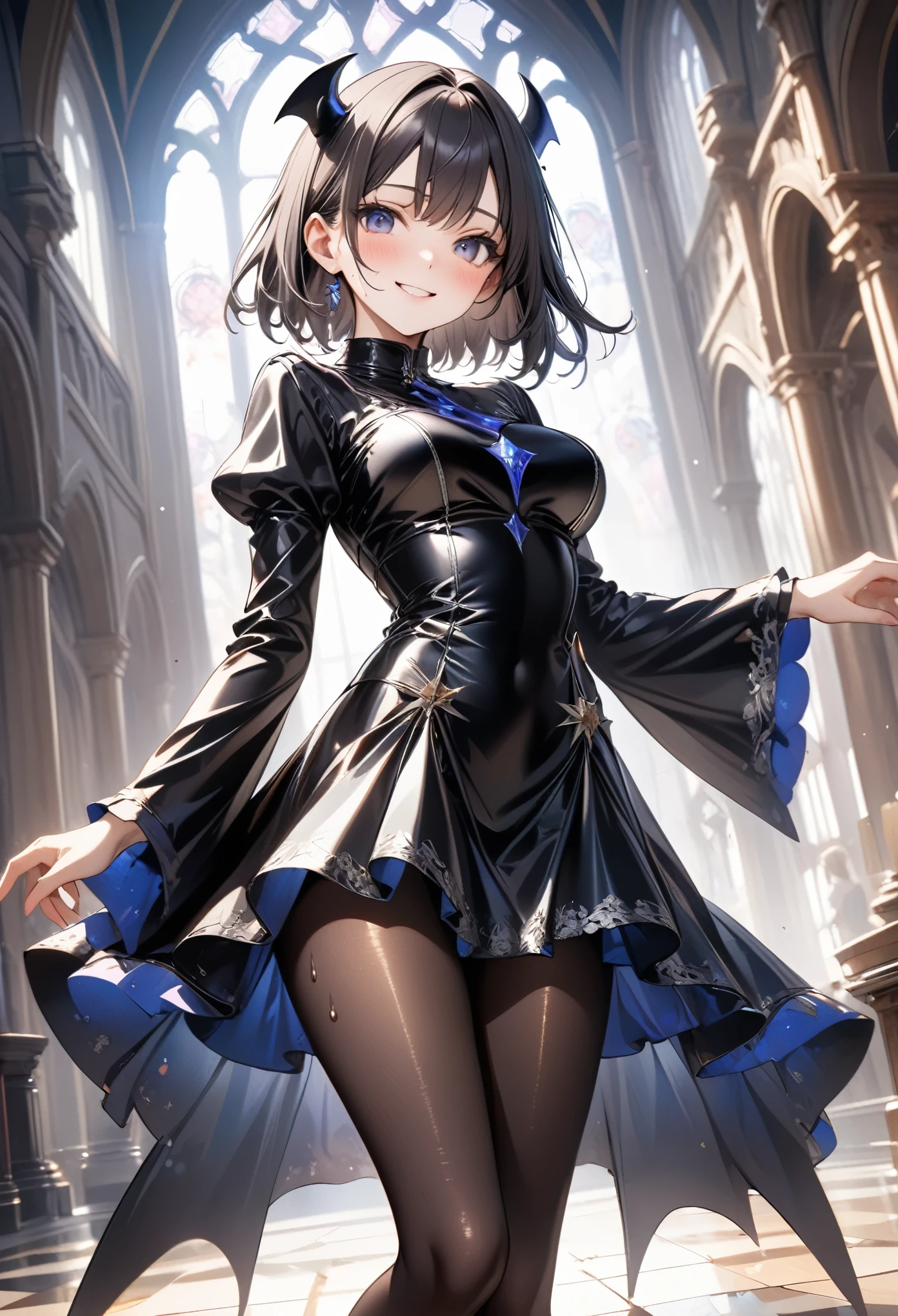 grim reaper, (Evil smile), (((Cult Costume, Leather panties, skirt, Pantyhose, Stiletto heels))), ((Shiny Costumes)), ((skindentation)), skinny, solo, 1 woman, Masterpiece, highest quality, highest quality, 16K, incredibly absurd, highly detailed, 2.5D, ai-generated, delicate and dynamic, very delicate facial expressions, delicate eye depiction, erotic, only sexy woman, ((A cute and kind face)), healthy figure, ((1 woman)), 160cm tall, medium firm swaying bust, Dark Hair, blush, Sweat,Embarrassed,sexy, ((thin thighs)), shiny and lustrous, facing straight at viewer, (((in heat))), ((Oily_skin)), ((Lots of sweat)), ((dutch angle)), ((erotic pose)), (((Dynamic Pose))), ((Transparent and sparkling costume)), ((Demon World's Great Hall)),