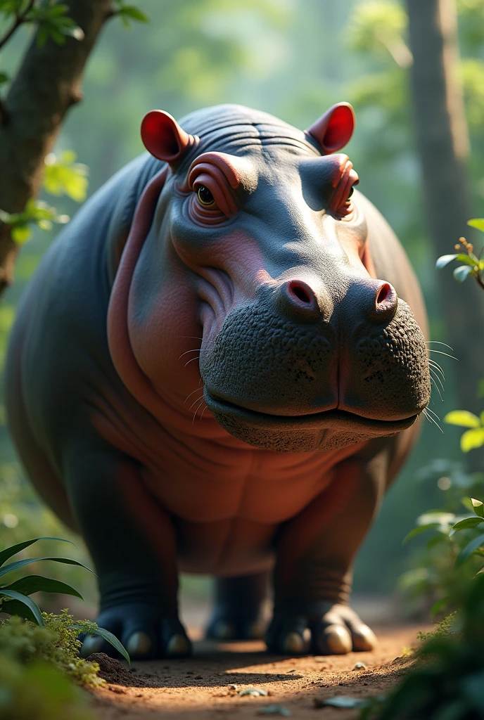 Make me an image of glory, the hippopotamus of Madagascar with short hair and a wart on its trunk