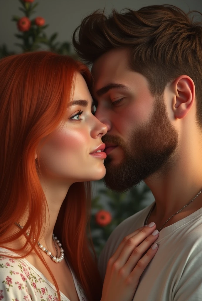 make a girl with straight red hair kiss a man on the cheek this man has a beard and slightly light brown hair