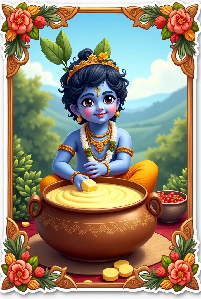 Create a sticker of janamashtami where lord Krishna is sitting beside of pot filed with butter 