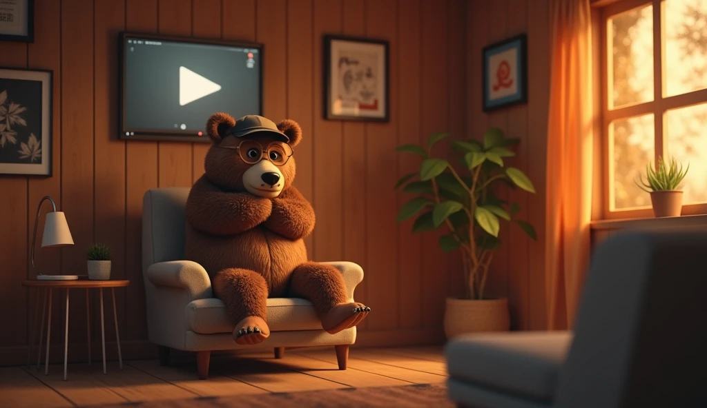 "A cozy room with warm, soft lighting and wooden walls. A bear is sitting comfortably in a chair, wearing a cap on its head and glasses. Behind the bear, a YouTube Play Button award is hung up on the wall. The bear has a calm and thoughtful expression, creating a blend of modern and rustic elements in the inviting atmosphere of the room."