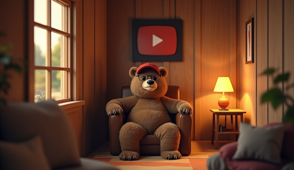 "A cozy room with warm, soft lighting and wooden walls. A bear is sitting comfortably in a chair, wearing a cap on its head and glasses. Behind the bear, a YouTube Play Button award is hung up on the wall. The bear has a calm and thoughtful expression, creating a blend of modern and rustic elements in the inviting atmosphere of the room."