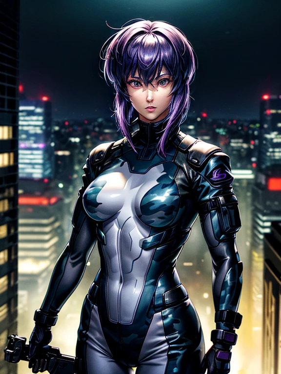 Ghost in the Shell, Motoko Kusanagi, Purple short bob cut, Hair between the eyes, Slightly asymmetrical bangs, ((Optical Camouflage Suit, Optical camouflage suit from the neck down)), Jump up into the sky, view From above, The background is Tokyo's buildings at night, Reflective and shiny, ((Night Scenery)), Lots of window lights, Glitching, ((masterpiece, best quality, high resolution)) 