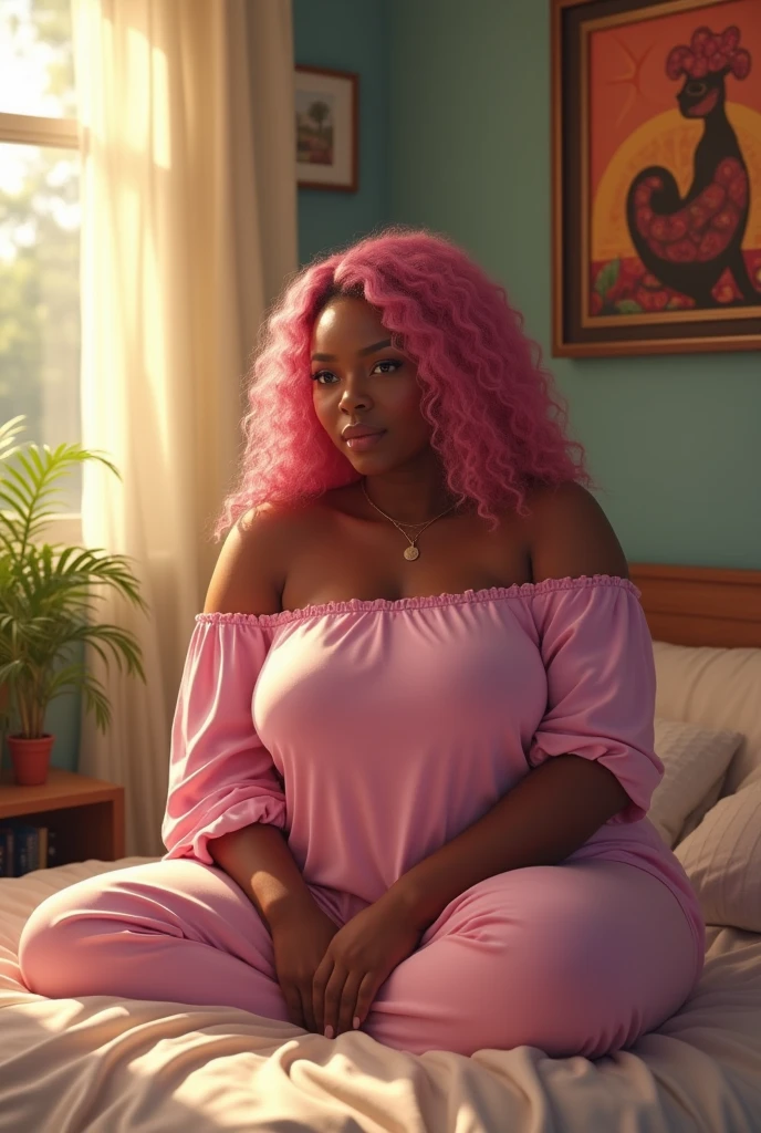 (photorealism:1.2), beautiful plus size black woman, sitting on bed, wearing pink loose off-shoulder top, pajama pants, long curly pink hair, indoors, soft lighting, plants in background, window with sunlight, cozy room, relaxed pose, realistic, intricate details, warm colors, with KIA on the wall by Greg Rutkowski, by Alphonse Mucha