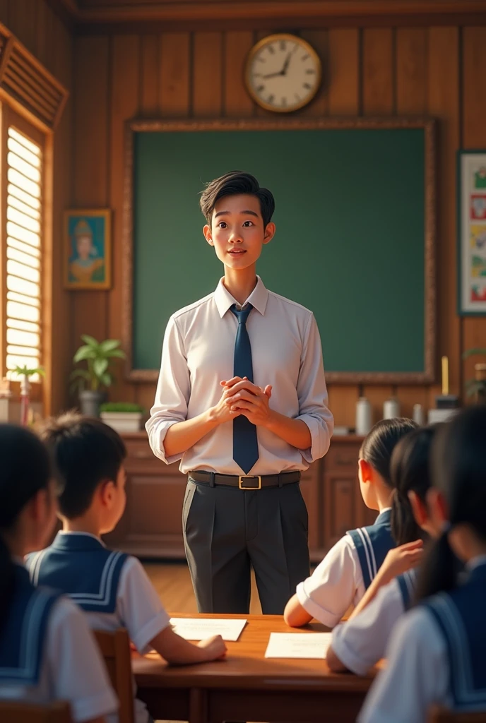 A tall, fair-skinned, thin foreign teacher is teaching Thai students.