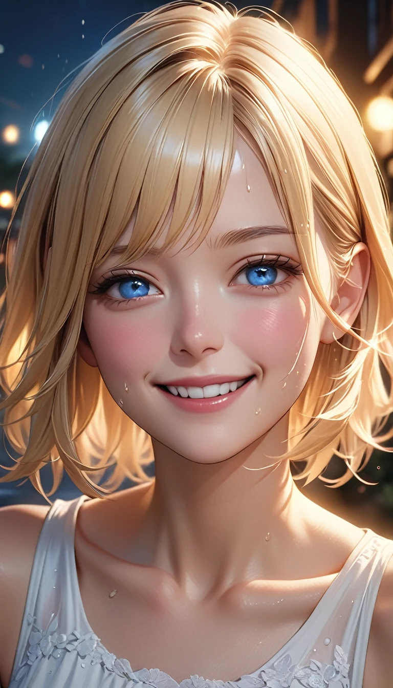 (best quality,4k,8k,highres,masterpiece:1.2), ultra-detailed, (realistic,photorealistic,photo-realistic:1.37), portraits, blonde hair, blue eyes, sweating, white dress,happy ,face, in the night, collarbone, shoulder, vibrant colors, soft lighting