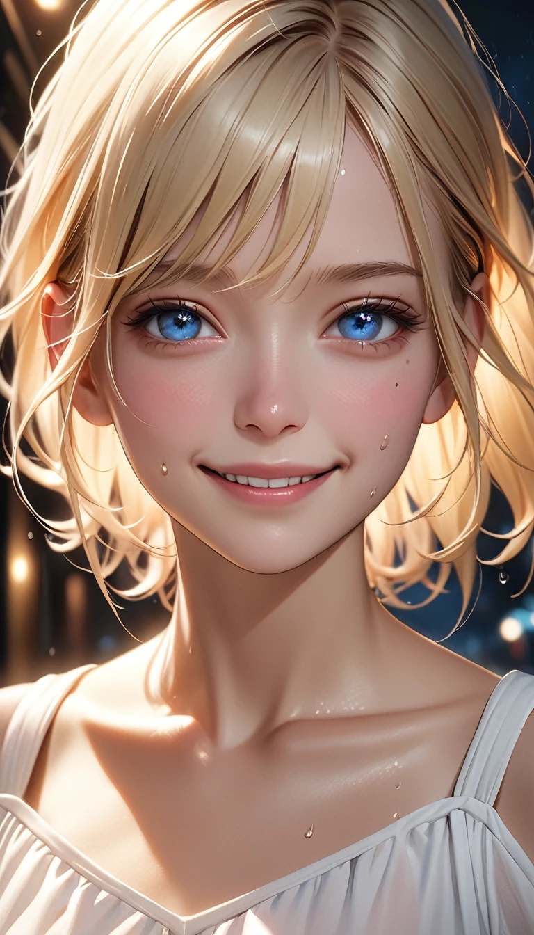 (best quality,4k,8k,highres,masterpiece:1.2), ultra-detailed, (realistic,photorealistic,photo-realistic:1.37), portraits, blonde hair, blue eyes, sweating, white dress,happy ,face, in the night, collarbone, shoulder, vibrant colors, soft lighting