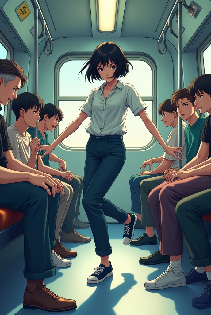 Anime girl with short black hair and clothes similar to boys at the age of 18 dancing on the train and flipping and there is a music machine next to her and there are young men on. The chairs are amazed by her movements.