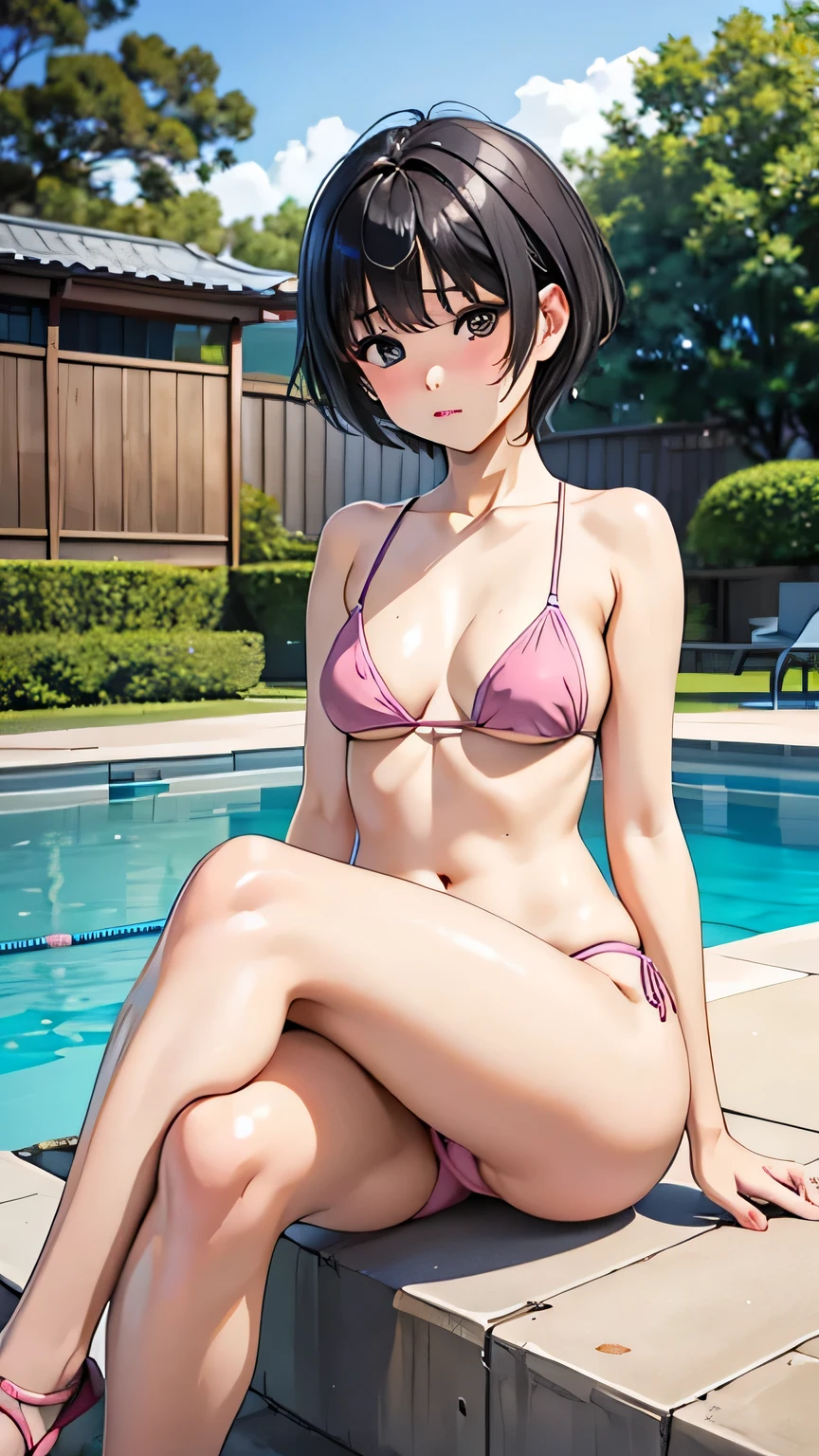 Highest quality、Realistic、、Japanese、zoom、、man、cute、Grey Eyes、Black Hair、short hair、Pink Bikini、Bust Shot、thin、Small breasts、Pouting、Pool、Sitting with legs crossed